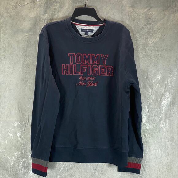 TOMMY HILFIGER Men's Navy Crewneck Slater Embroidered Logo Patch Sweatshirt SZ L - Picture 1 of 10
